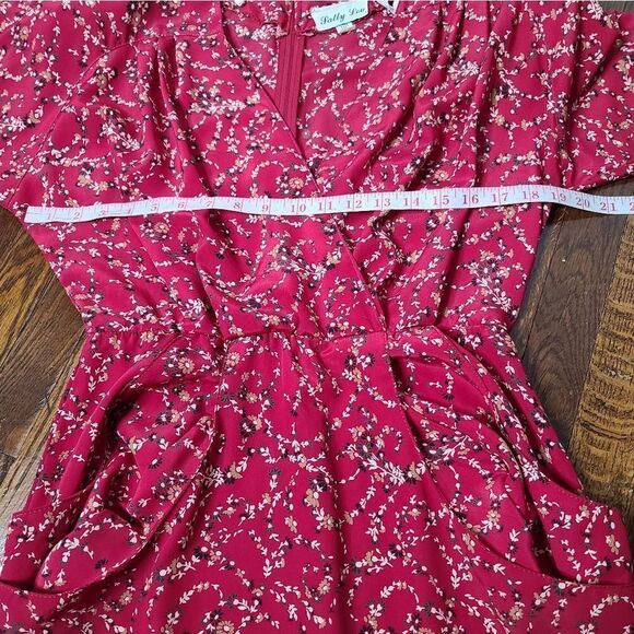 Vintage 80s Red Dainty Floral Cottagecore Deep V-Neck Midi Dress - Picture 12 of 16